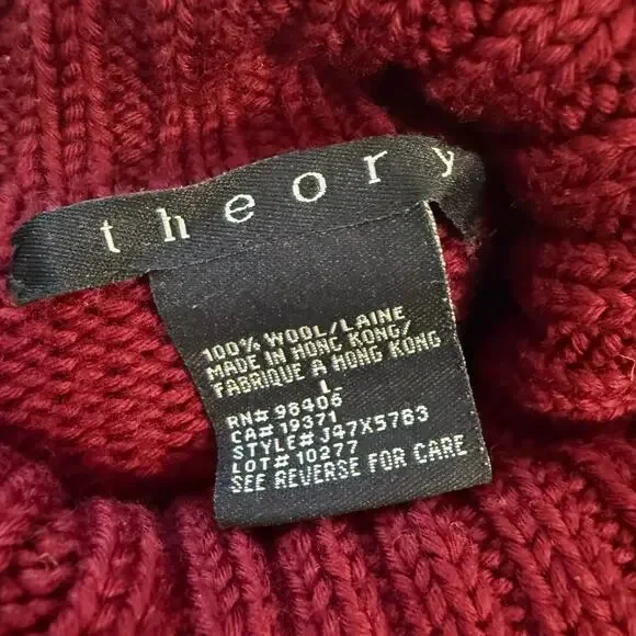 Theory Women's 100% Wool Turtleneck Sweater Burgundy Chunky Rib Knit Large - Picture 4 of 5